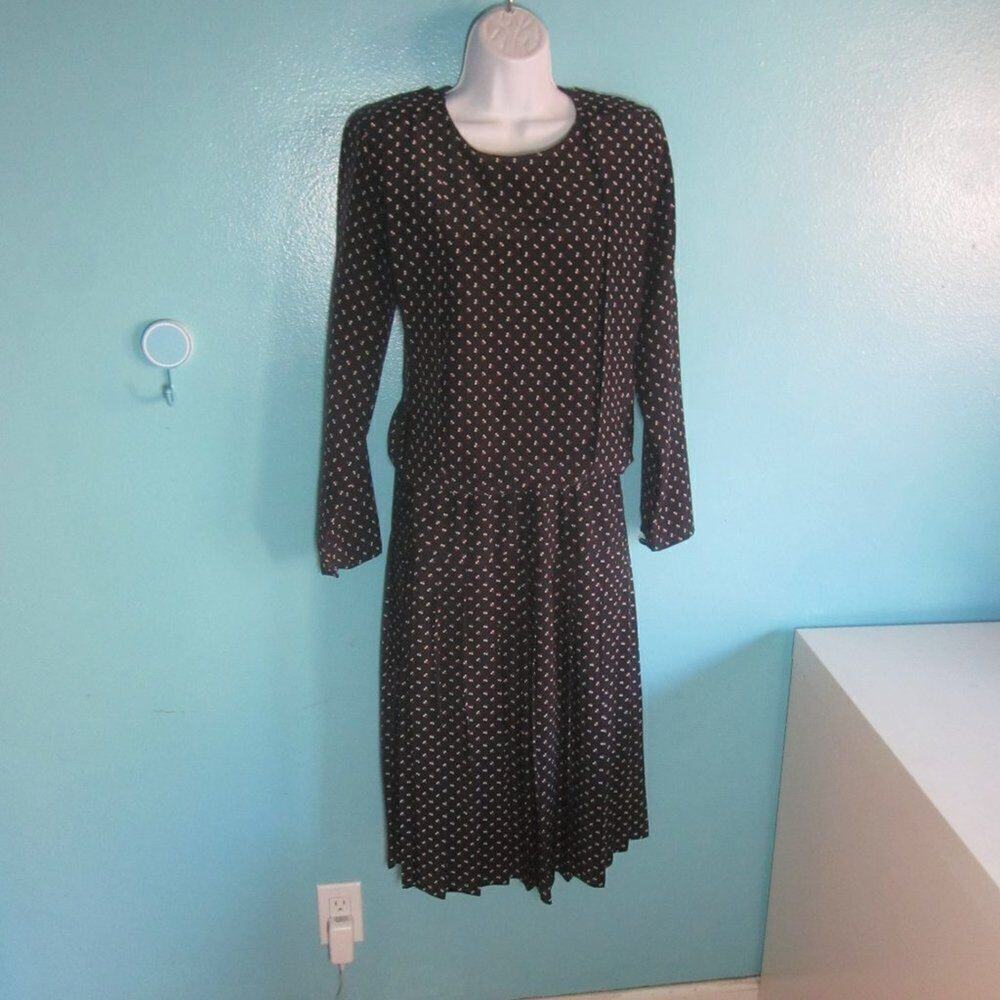 Vintage '80's Long Sleeve Blouson Polyester Midi Dress Secrets L / XL  43-34-46